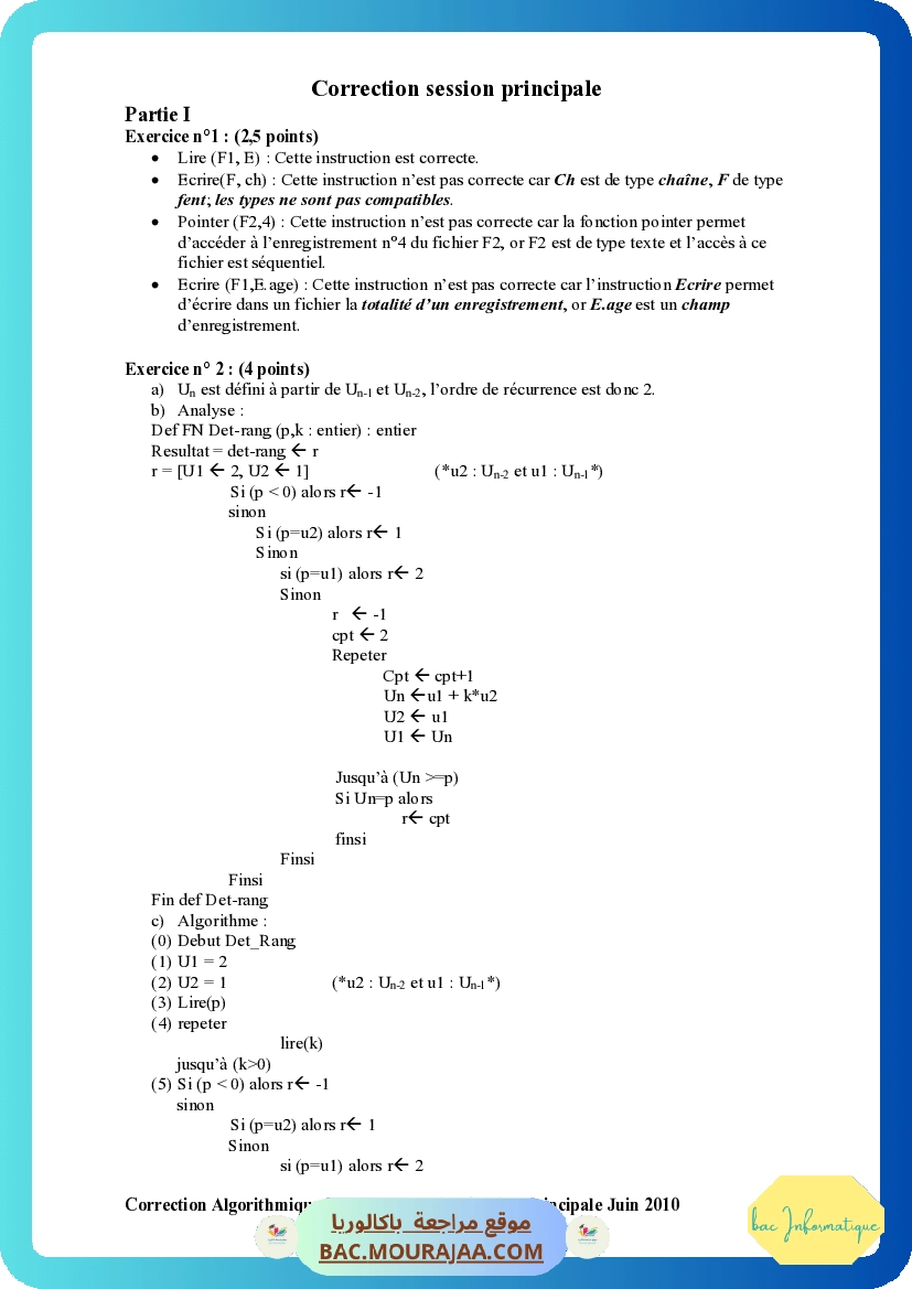 Corrigé principale algorithme Bac 2010 – Section info